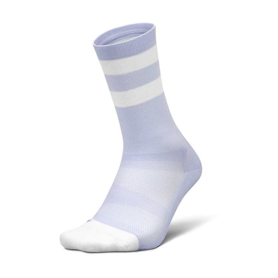 Lateral side of the left sock from a pair of Feetures Unisex Elite Light Cushion Mini Crew in the Lilac High Top Stripe colourway. (8583366213794)