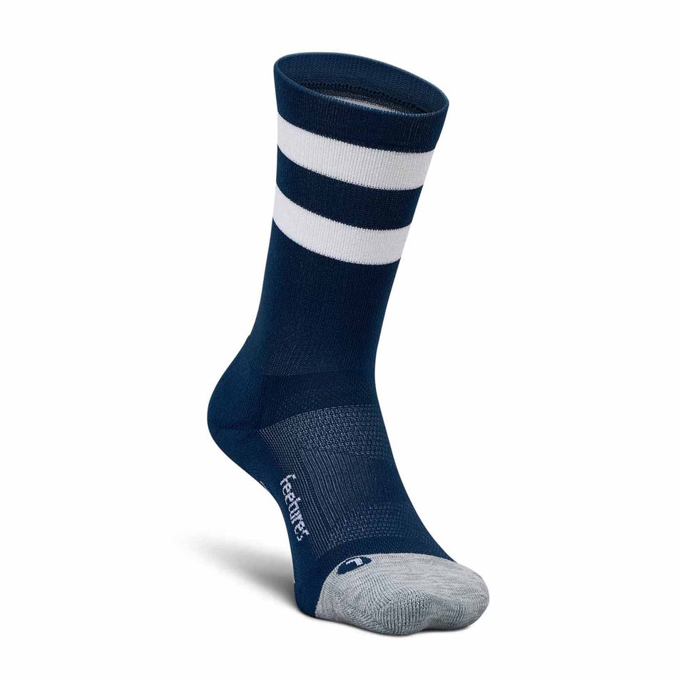 The left sock from a pair of Feetures Unisex Elite Light Cushion Mini Crew in the Navy High Top Stripe colourway. (8583375978658)
