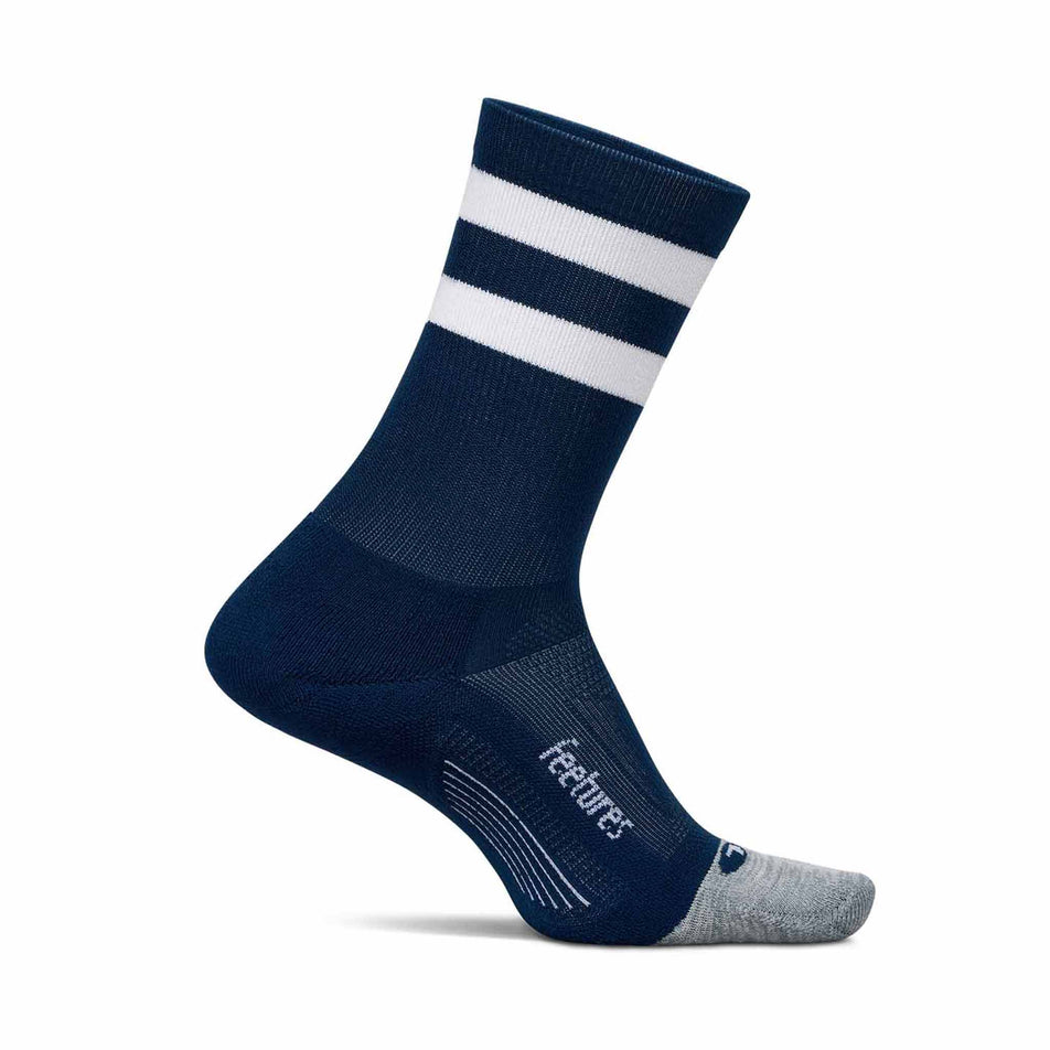 Medial side of the left sock from a pair of Feetures Unisex Elite Light Cushion Mini Crew in the Navy High Top Stripe colourway. (8583375978658)