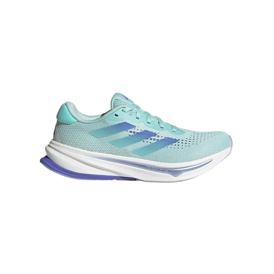 Lateral side of the right shoe from a pair of adidas women's Supernova Rise Running Shoes in the Semi Flash Aqua/Cobalt Blue/Blue Spark Met. colourway (8472646156450)