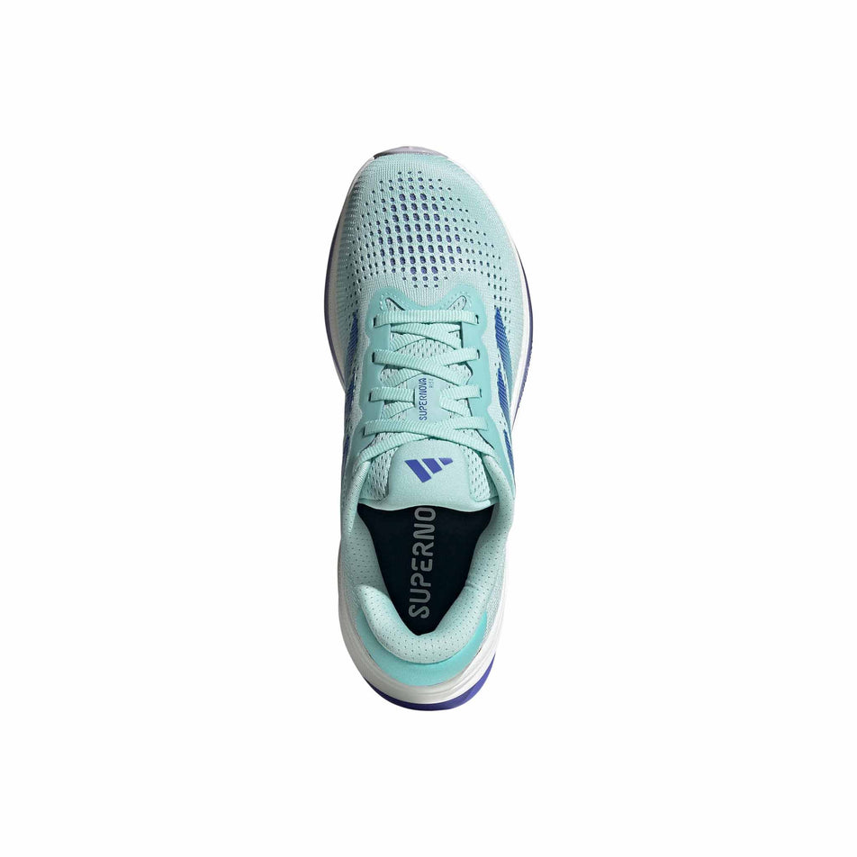 Upper of the right shoe from a pair of adidas women's Supernova Rise Running Shoes in the Semi Flash Aqua/Cobalt Blue/Blue Spark Met. colourway (8472646156450)