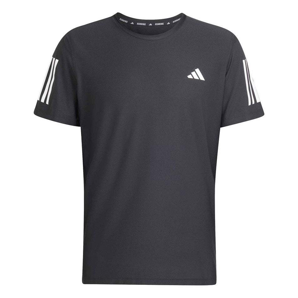 Front view of the adidas Men's Own The Run Base Tee in the Black colourway. (8566972317858)