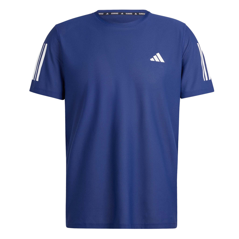 Front view of an adidas Men's Own The Run T-Shirt in the Dark Blue colourway.  (8449482588322)
