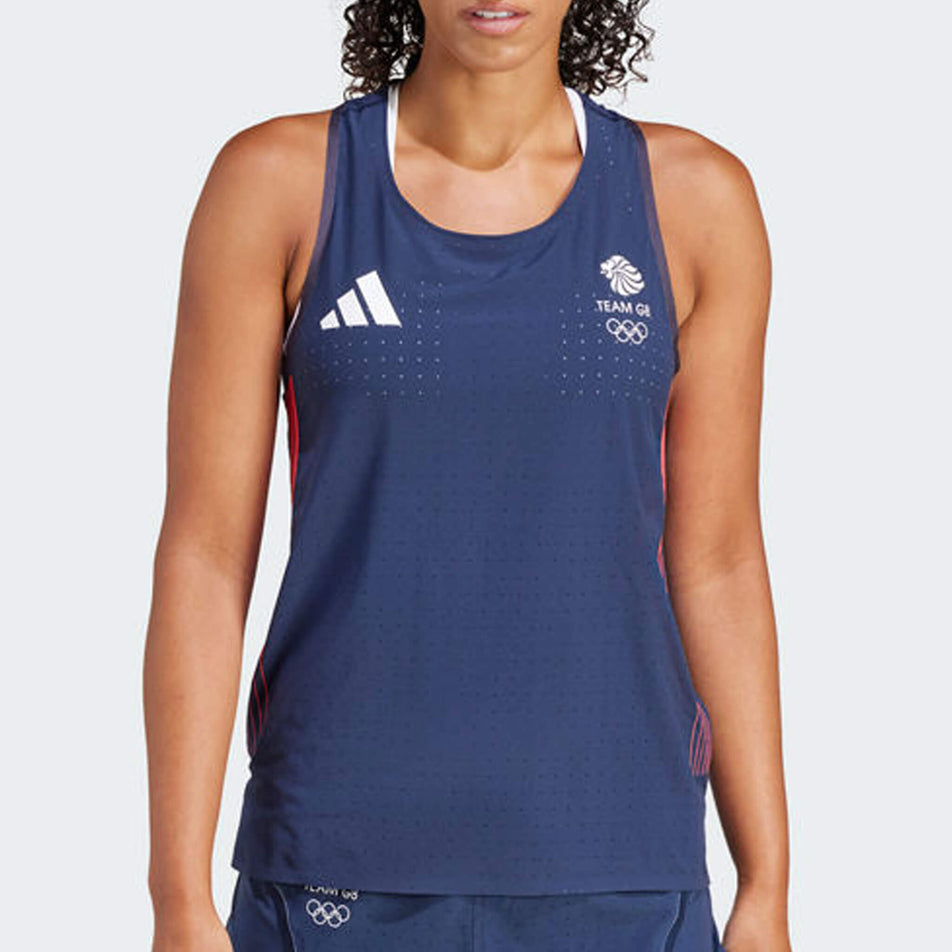 Front view of a model wearing an adidas Women's Team GB Adizero Running Tank Top in the Legend Ink colourway. (8323995795618)