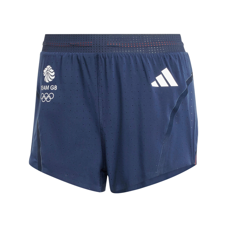 Front view of a pair of adidas Women's Team GB Adizero Running Split Shorts in the Legend Ink colourway (8323635052706)