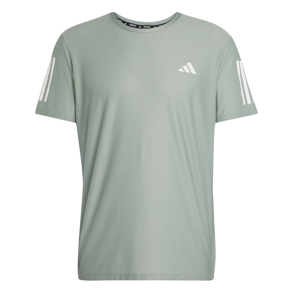 Front view of the adidas Men's Own The Run Base Tee in the Silver Green colourway. (8566974873762)