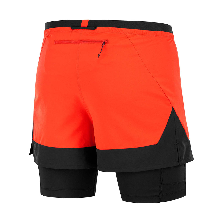Back view of a pair of Salomon Men's Cross 2in1 Shorts in the Cherry Tomato/Deep Black colourway. (8467295436962)