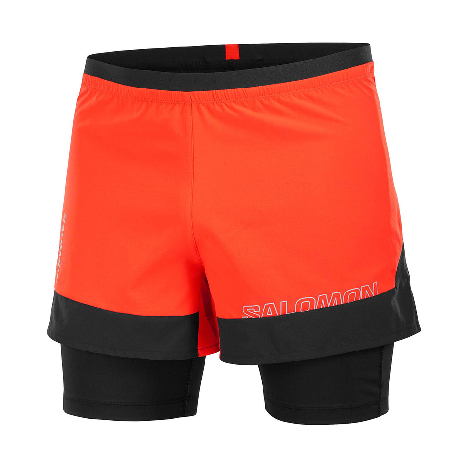 Front view of a pair of Salomon Men's Cross 2in1 Shorts in the Cherry Tomato/Deep Black colourway. (8467295436962)