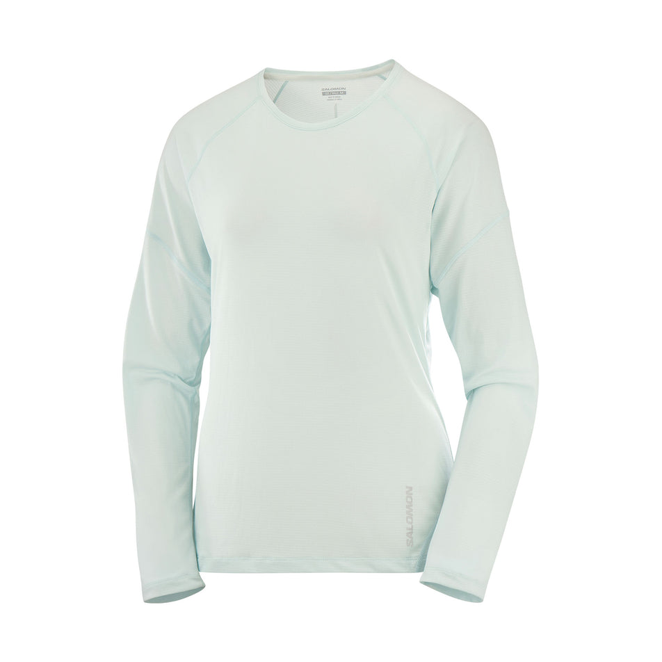 Front view of a Salomon Women's Cross Run Long Sleeve T-Shirt in the Misty Blue colourway. (8464163733666)