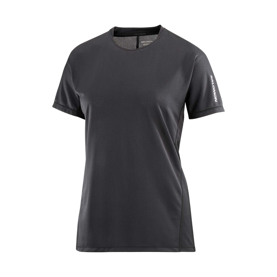Front view of a Salomon Women's Sense Aero Short Sleeve T-Shirt in the Deep Black colourway.  (8462977695906)