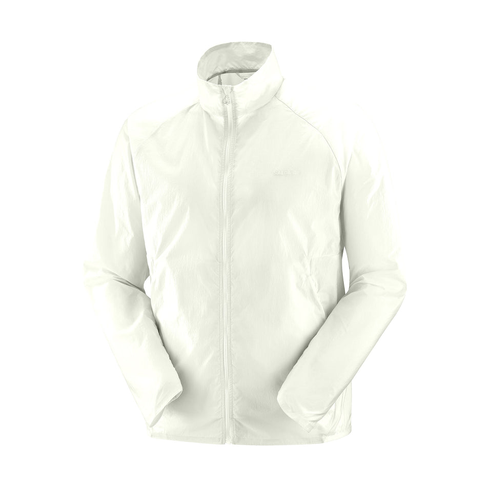 Front view of the Salomon Men's SHKout Fly Wind Jacket in the Icicle colourway. (8575585222818)