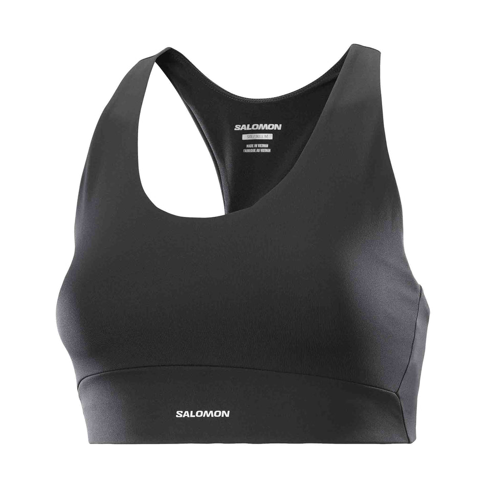 Front view of the Salomon Women's SHKout CORE Sports Bra in the Deep Black colourway. (8574537859234)