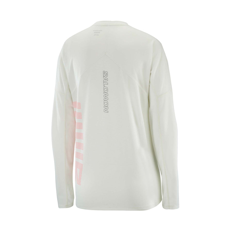 Back view of the Salomon Women's Sense Aero Graphic Long Sleeve T-Shirt GFX in the Icicle/Neon Flame colourway. (8574193696930)