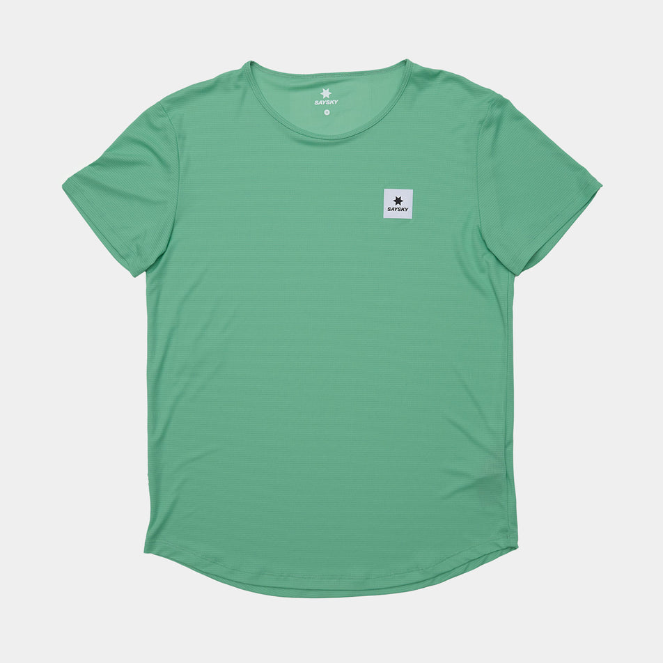 Front view of a SAYSKY Men's Reactive Flow T-Shirt in the Green AOP colourway. (8628407533730)