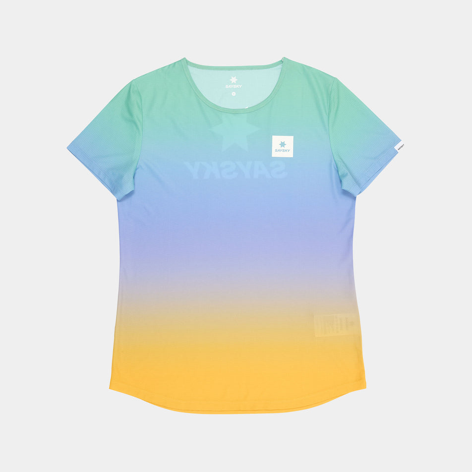 Front view of the SAYSKY Women's Drip Dye Flow T-Shirt in the Purple AOP colourway. (8675475030178)