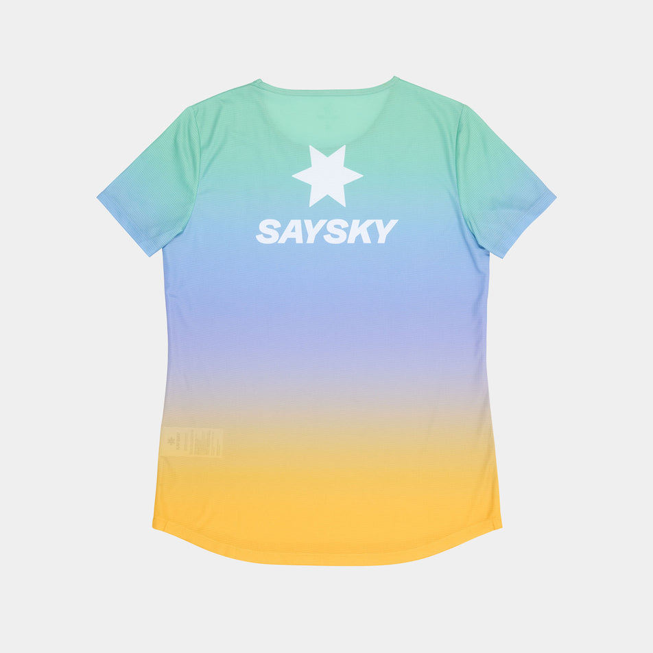 Back view of the SAYSKY Women's Drip Dye Flow T-Shirt in the Purple AOP colourway. (8675475030178)