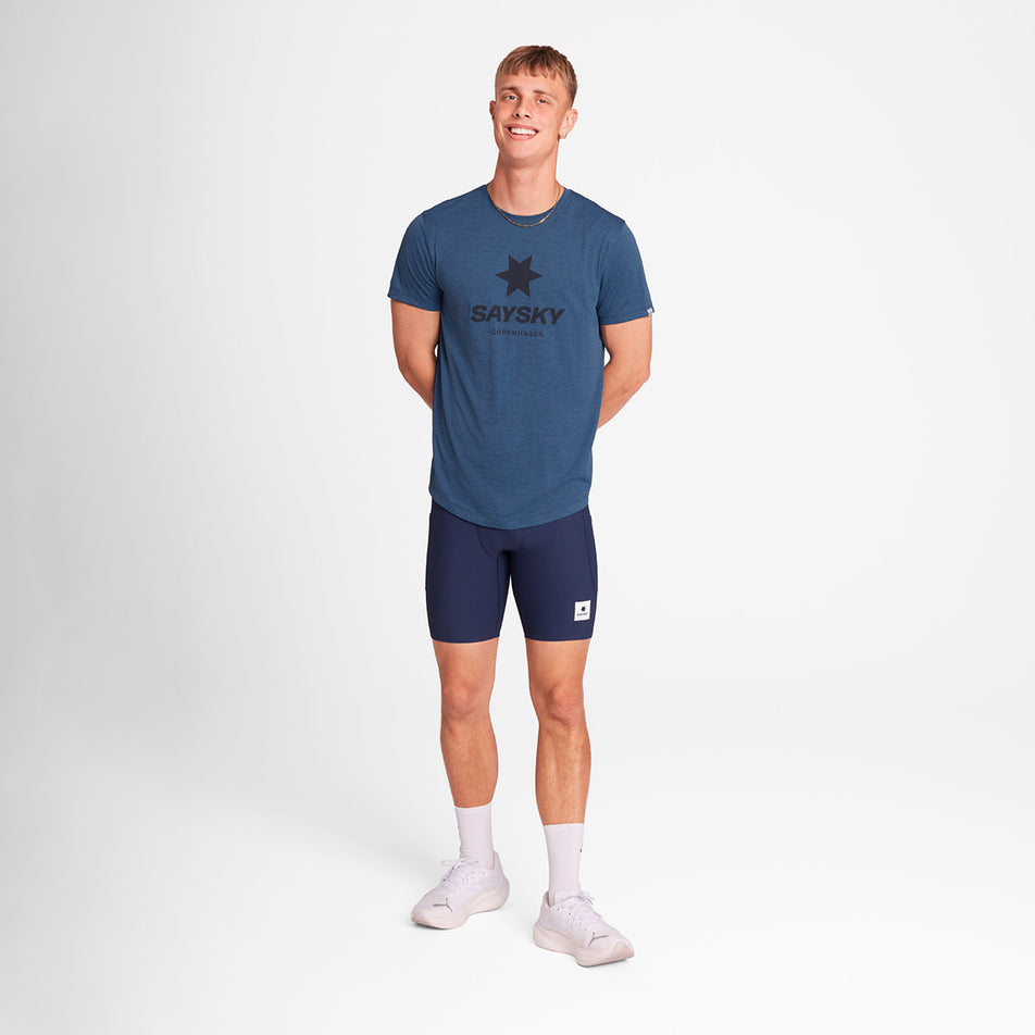 Front view of a model wearing the SAYSKY Logo Combat Pro T-Shirt in the Blue colourway. (8730913669282)