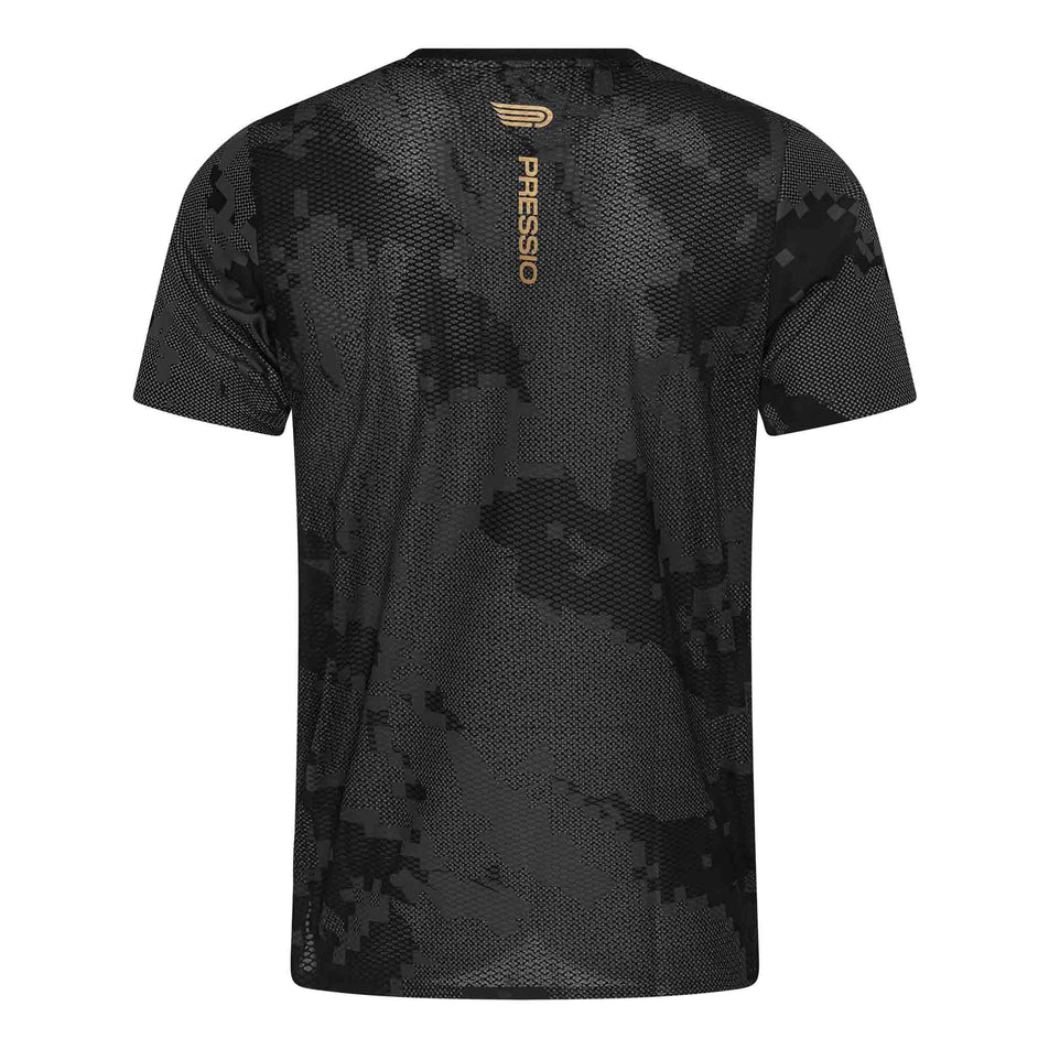 Back view of the Pressio Men's Elite S/S Top in the Black Camo colourway. (8622457061538)
