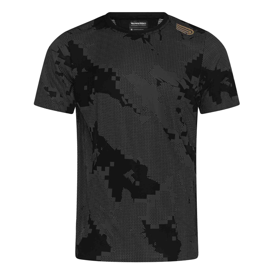 Front view of the Pressio Men's Elite S/S Top in the Black Camo colourway. (8622457061538)