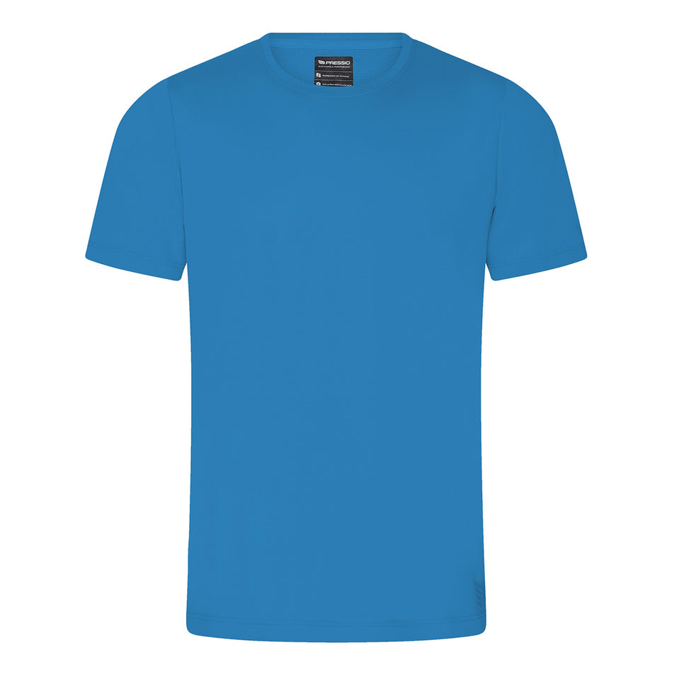 Front view of the Pressio Men's Sustain S/S Top in the Scuba Blue colourway. (8622474821794)