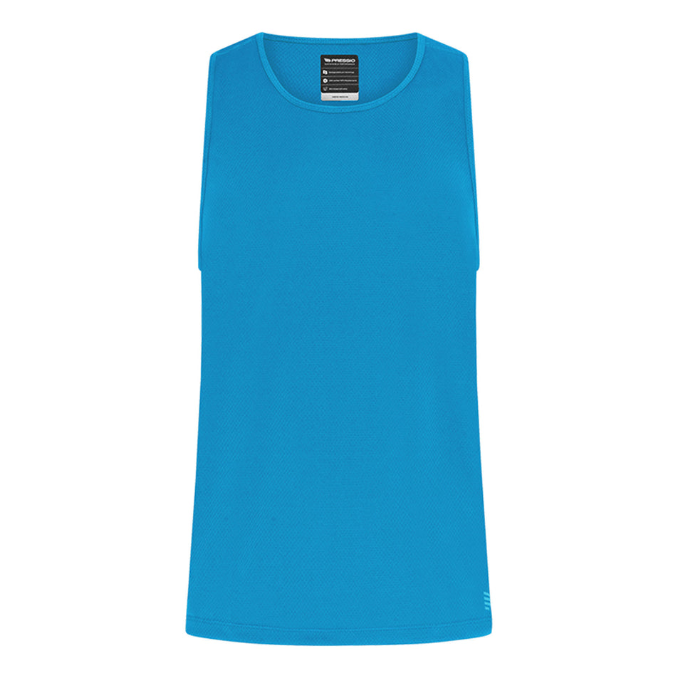 Front view of the Pressio Men's Sustain Singlet in the Scuba Blue colourway. (8622472298658)
