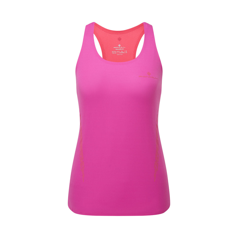 Front view of a Ronhill Women's Tech Race Vest in the Razzmatazz/Sunset colourway. (8563583910050)