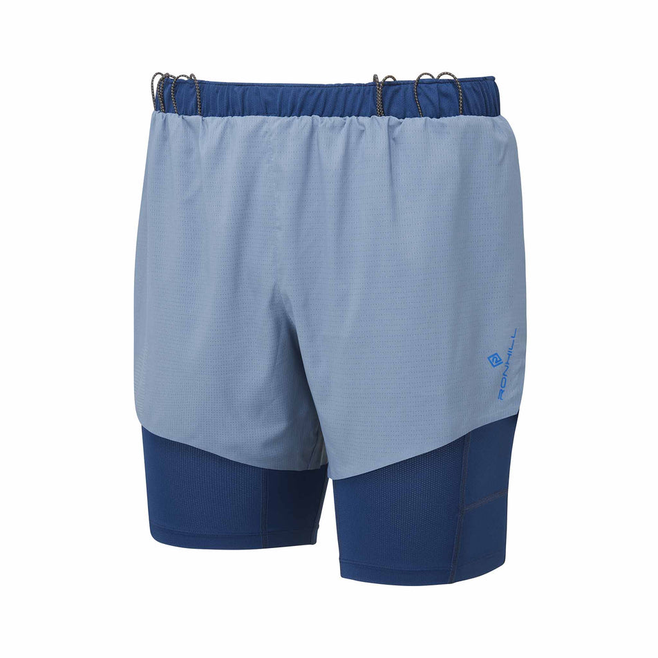 Front view of the Ronhill Men's Tech Race Twin Short in Lake/Dark Navy colourway. (8565238464674)