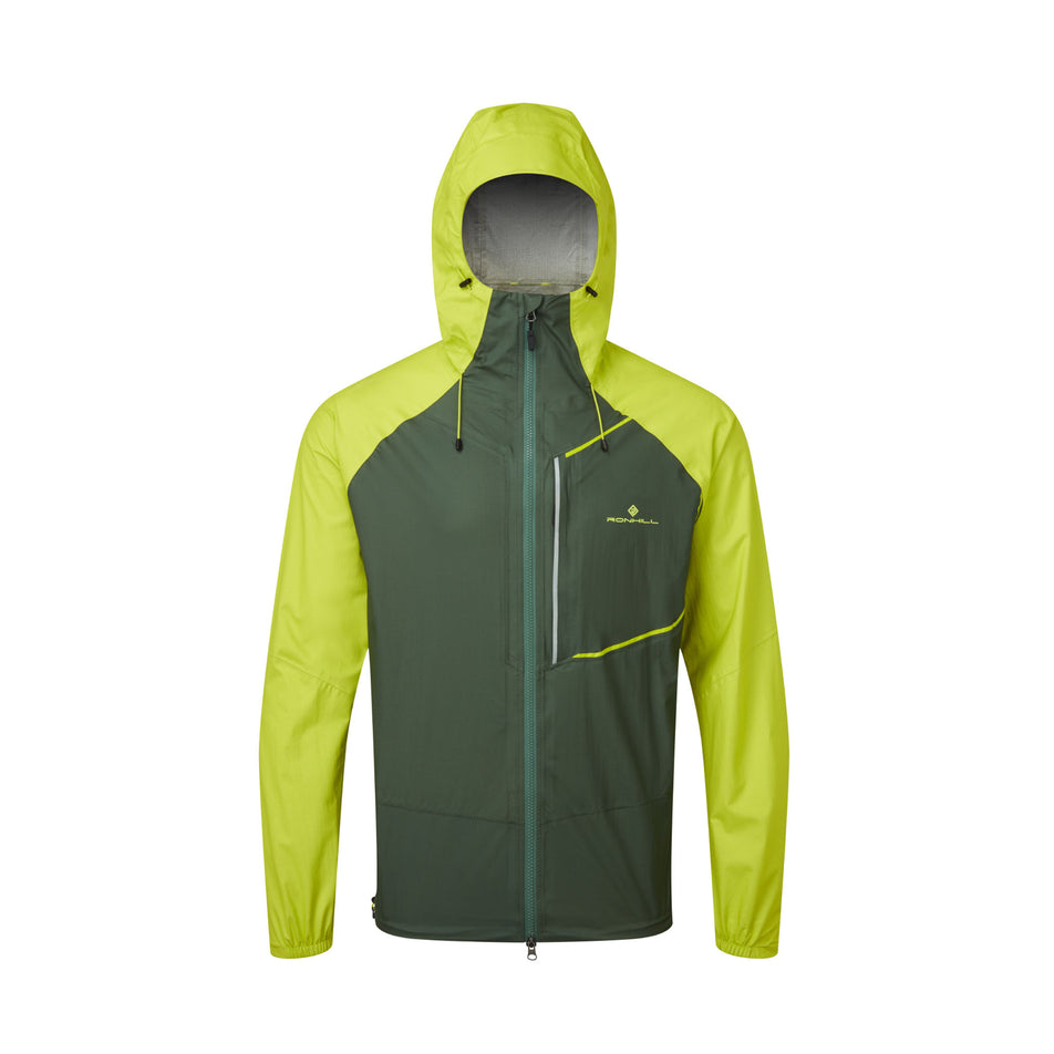 Front view of a Ronhill Men's Tech Fortify Jacket in the Dark Sage/Acid colourway. (8470624895138)