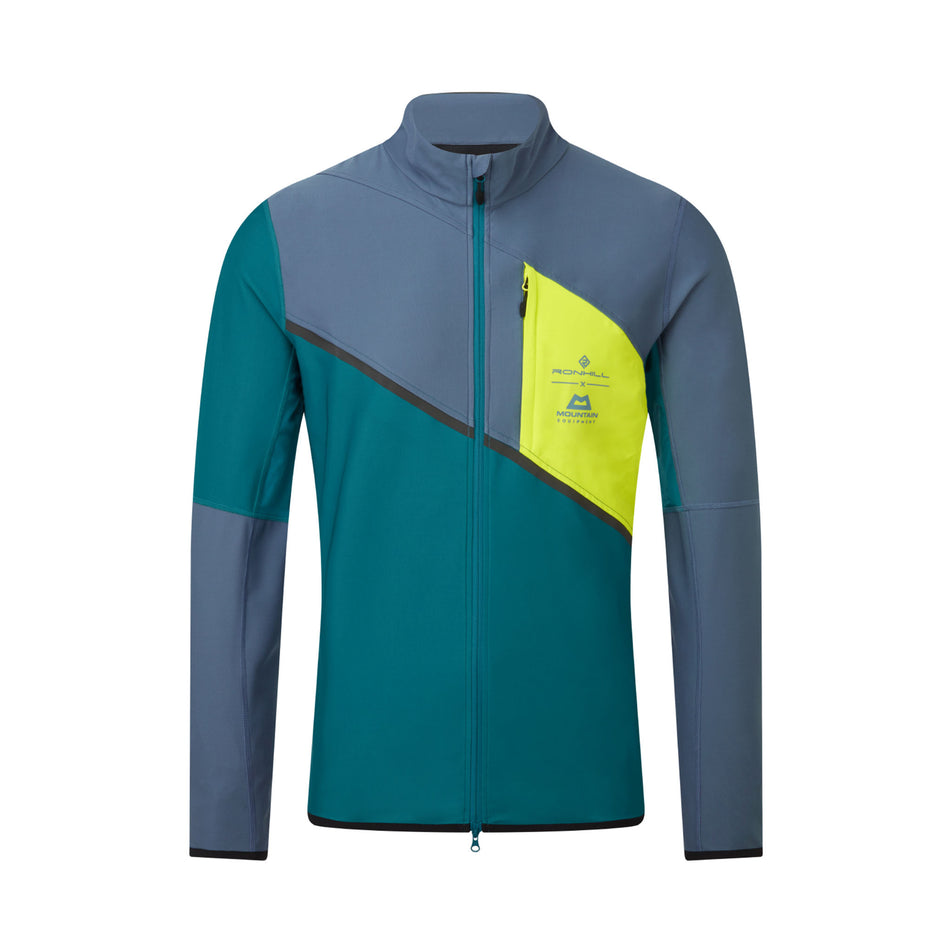 Front view of a Ronhill Men's Tech GORE-TEX Windstopper Jacket in the Deep Teal/Lake Acid colourway. (8470614016162)